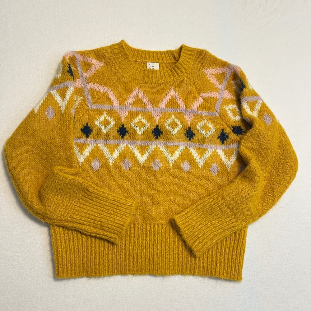 Fuzzy Fair Isle Sweater Women XS Yellow Cozy Boho Ski Cabin Western